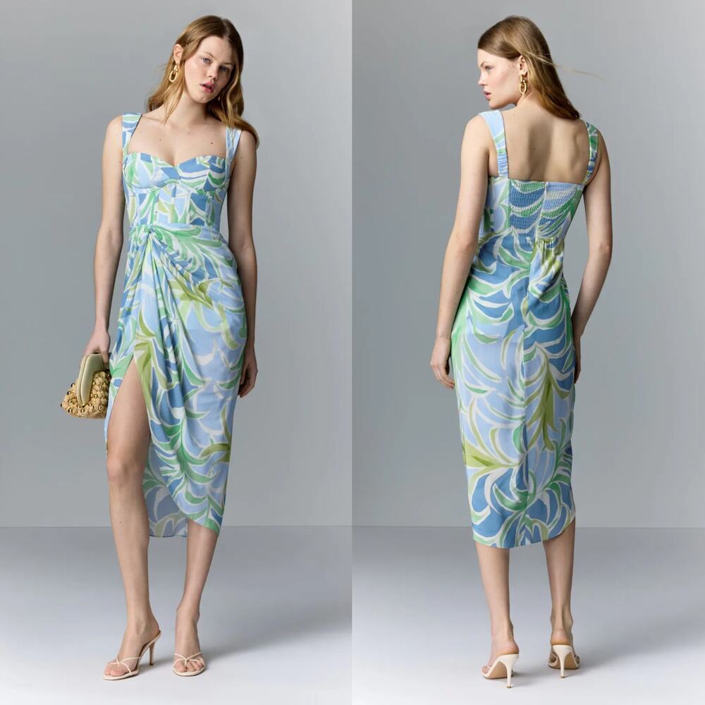 Yumi Kim Emil Dress Printed Sleeveless Tulip Hem Midi Sheath Palm Breeze Blue M